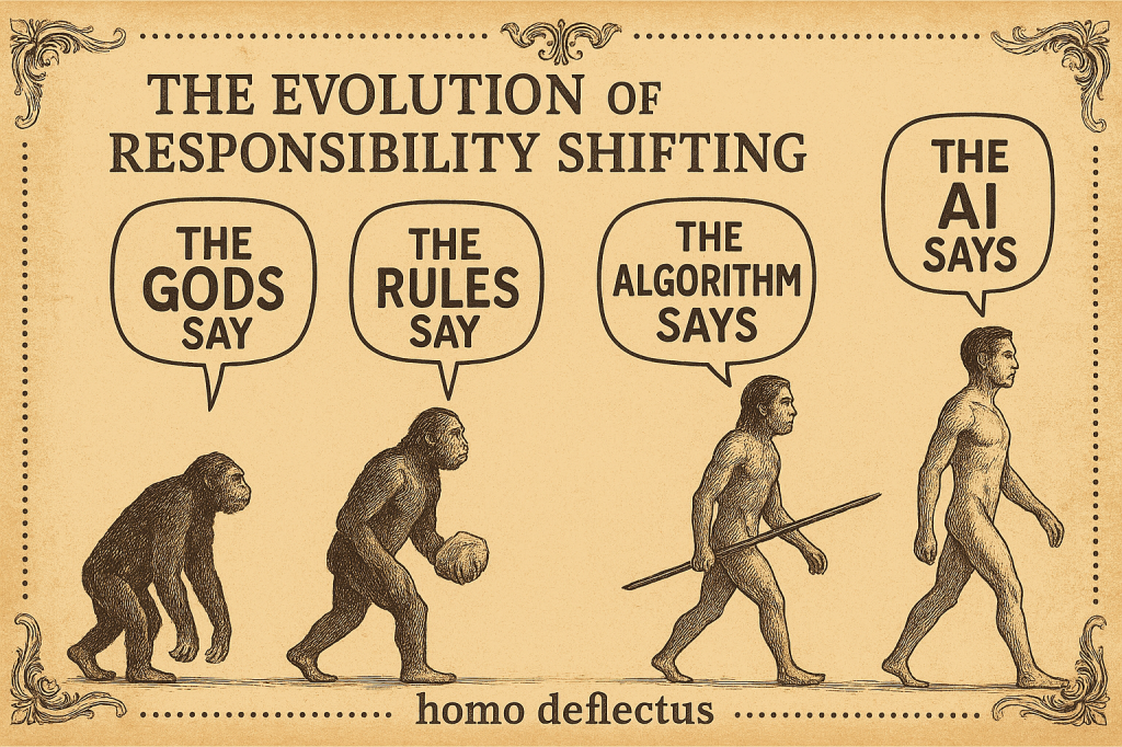 The evolution of responsibility shifting over the millenia culminating in "the AI says" today.